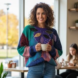 Vintage Western Connection Abstract Applique Sweater Faux Leather L bold